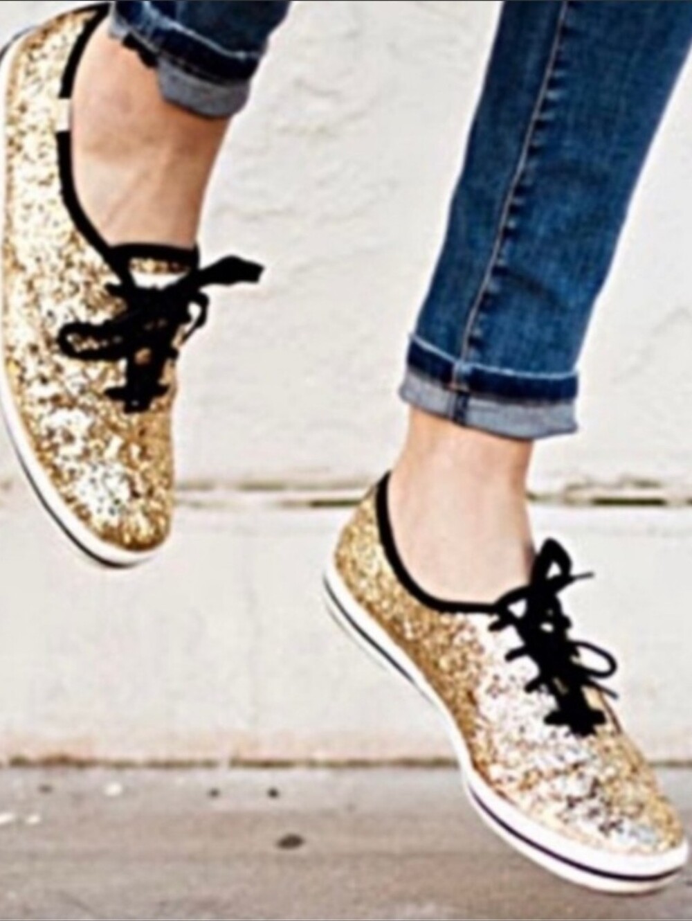 Kate Spade Keds Gold Glitter Sneakers with Black Trim Size 8